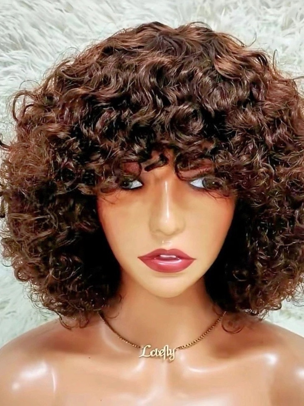 Curly Human Hair Bob Wig With Bangs in Brown